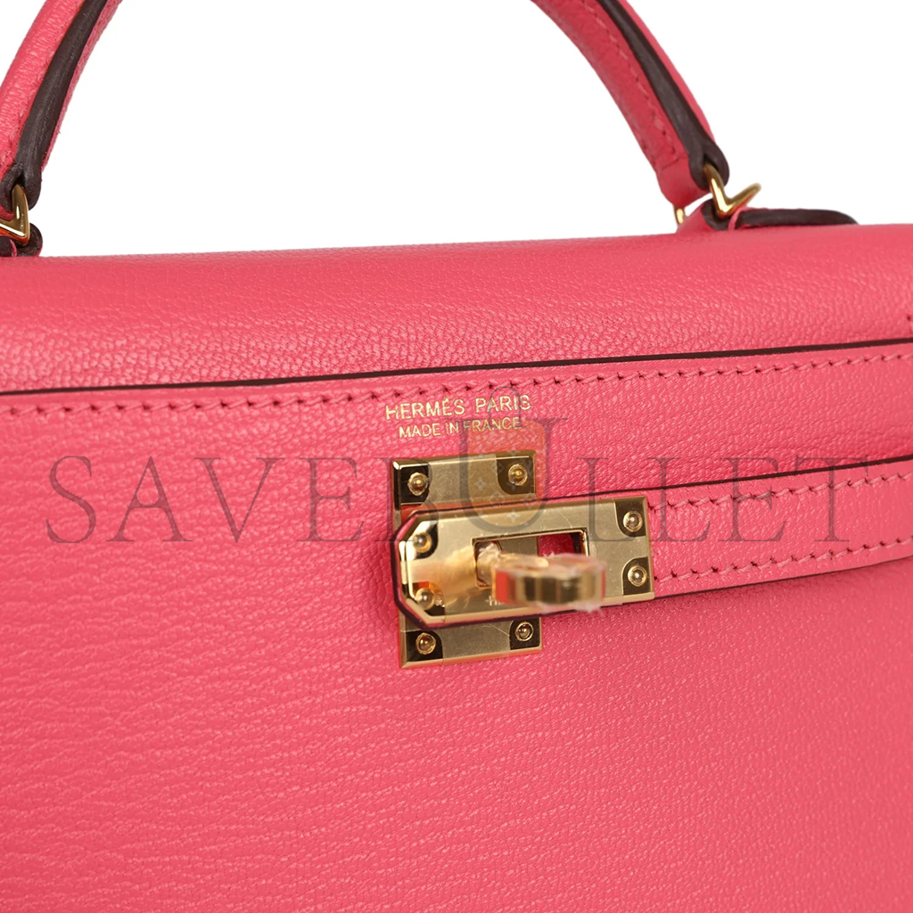 HERMÈS MINI KELLY II SELLIER ROSE AZALEE CHEVRE MYSORE GOLD HARDWARE (19*12*5.5cm) 